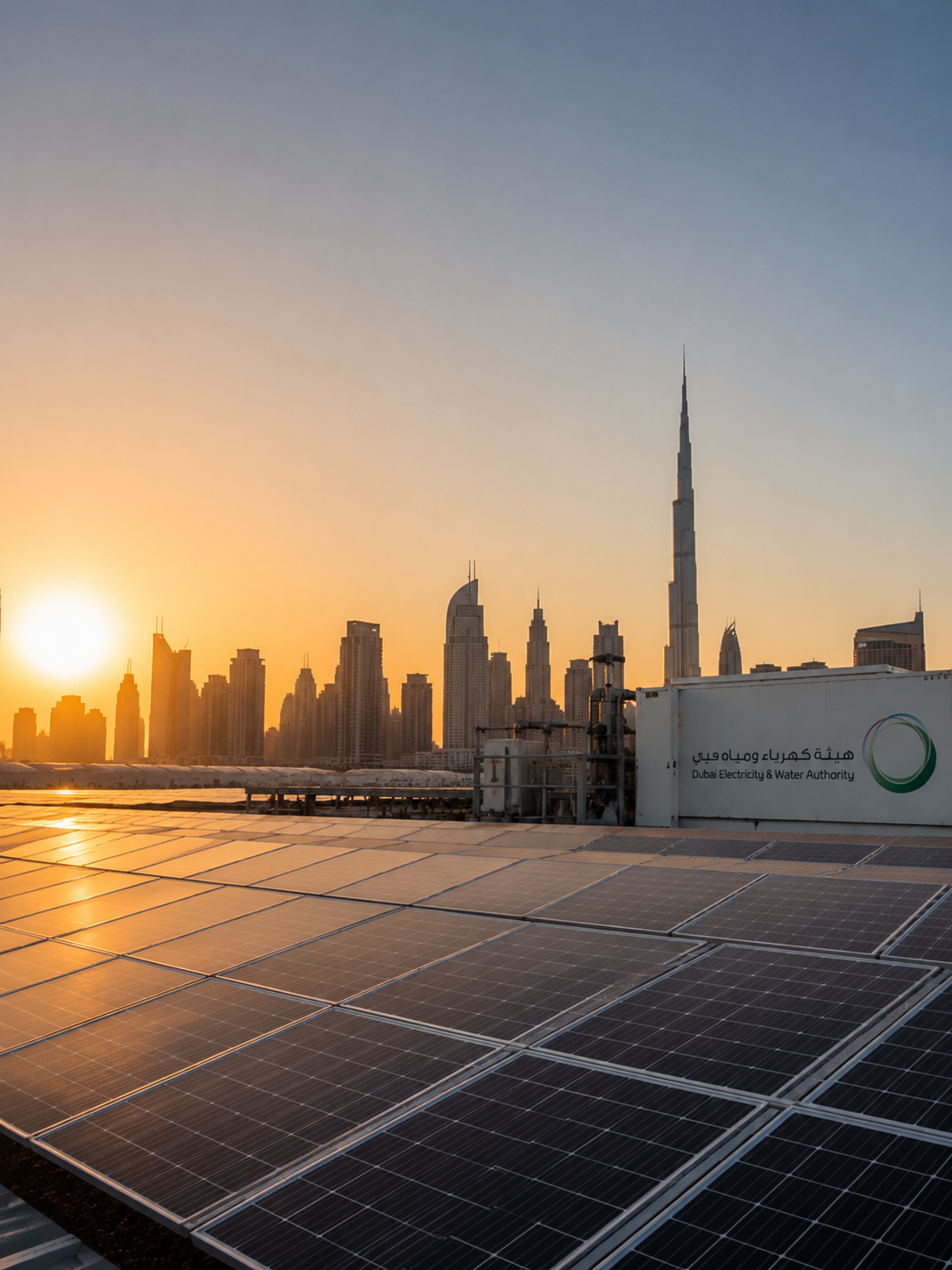 Solar energy infrastructure in Dubai with modern skyline